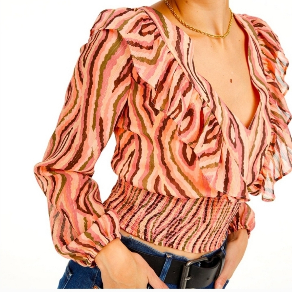 Bar III Pink Multi-Color Ruffled V-Neck Blouse - Picture 3 of 8
